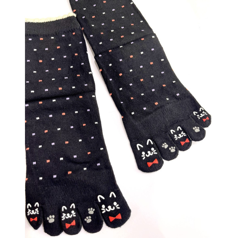 4 Paires de Chaussettes 5 Doigts Plumetis Noirs Chats Mangas
