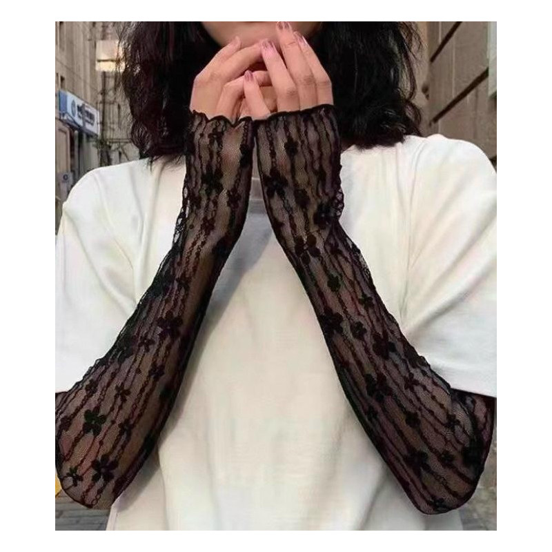 4 Mitaines Manchons Dentelle Oeillets Longues 40 cm noir