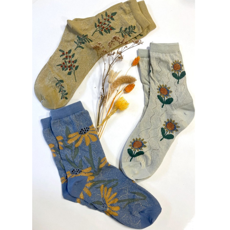 6 paires de chaussettes Bouquet Fleuries paillettes