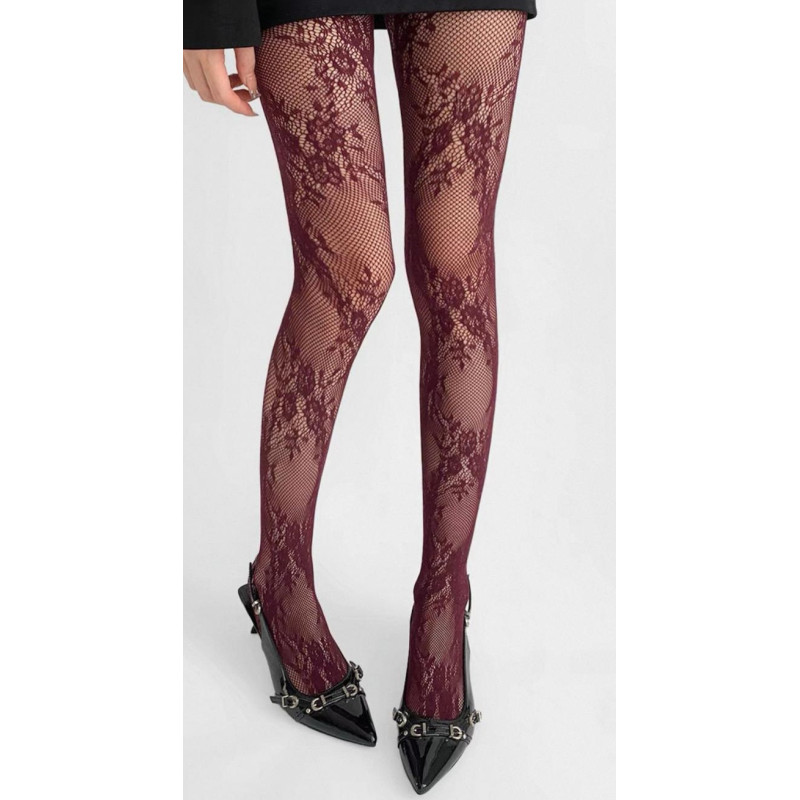 3 paires de collants Dentelle Bouquet de roses Bordeaux